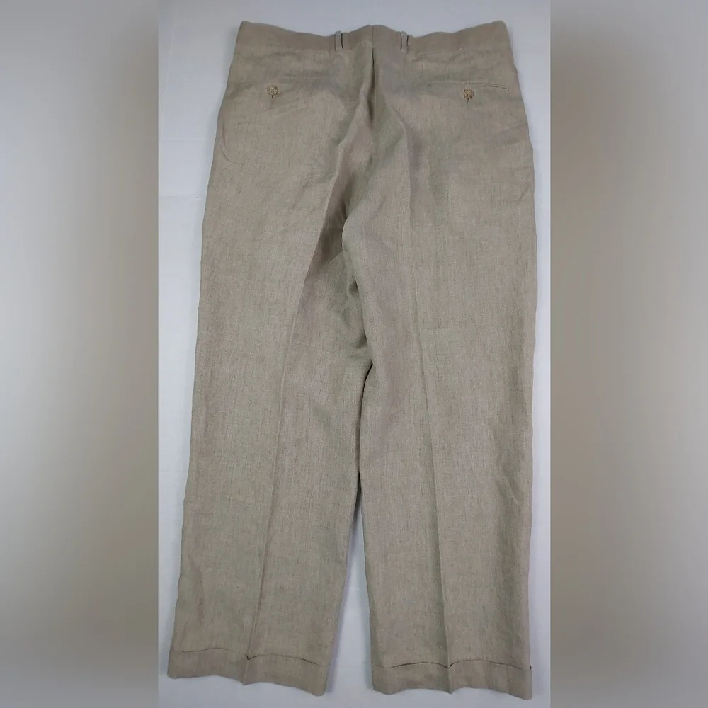 Paul Fredrick Dress Pants Mens Size 38x29 Beige Tan 100% Linen Pleated Cuffed
